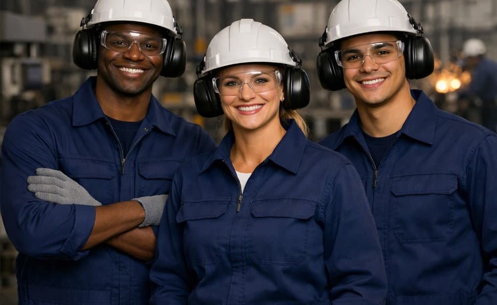 Equipe de profissionais da indústria com capacete de proteção